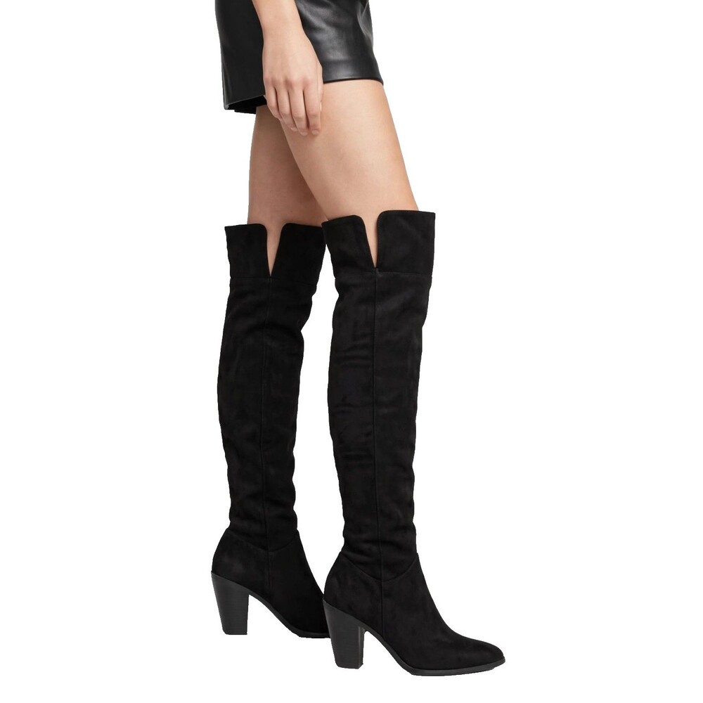 Qupid Over The Knee Boots Womens Black Faux Suede Pointed Toe Block Heel Tall